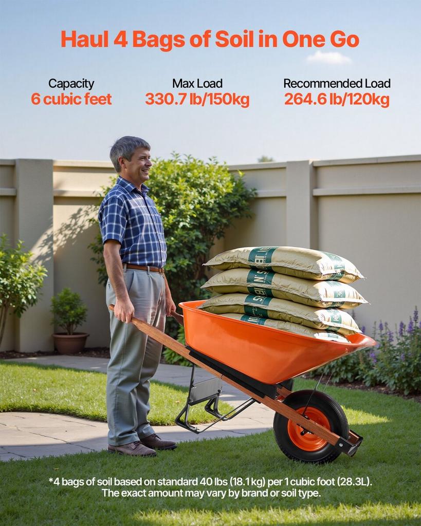 Wheelbarrow Cart One Wheel 6 Cu Ft Garden Dump Cart 330 lbs Utility Cart