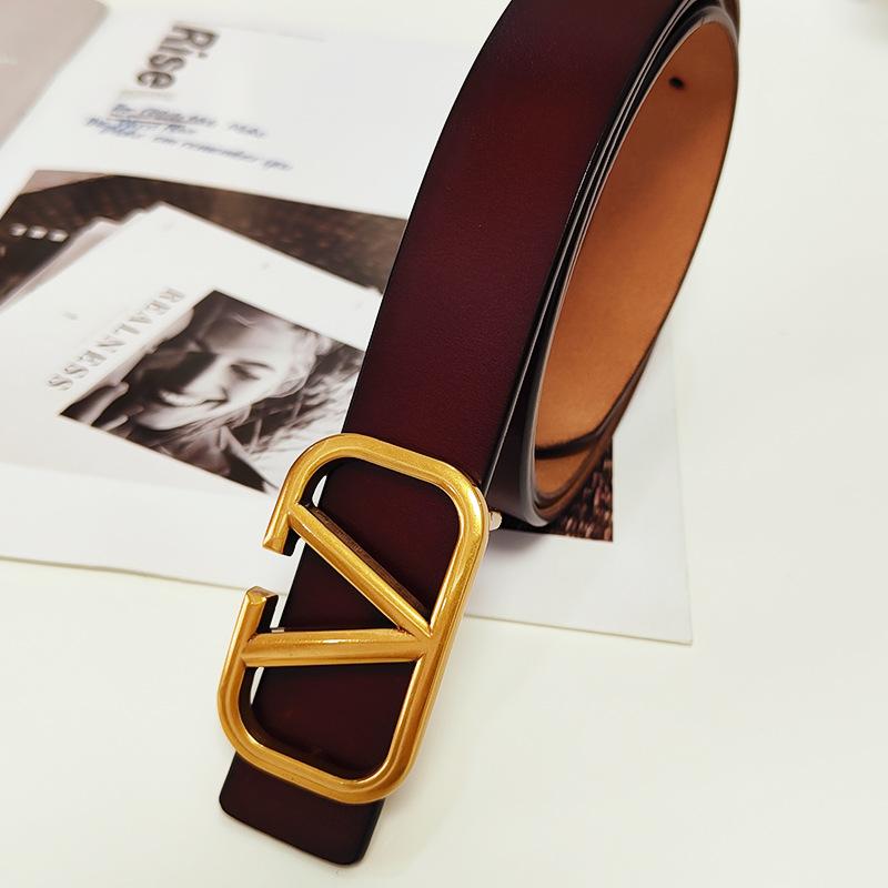 

Teen Trousers Belt Retro Cowhide V Letter Smooth Button Versatile Belt 95CM