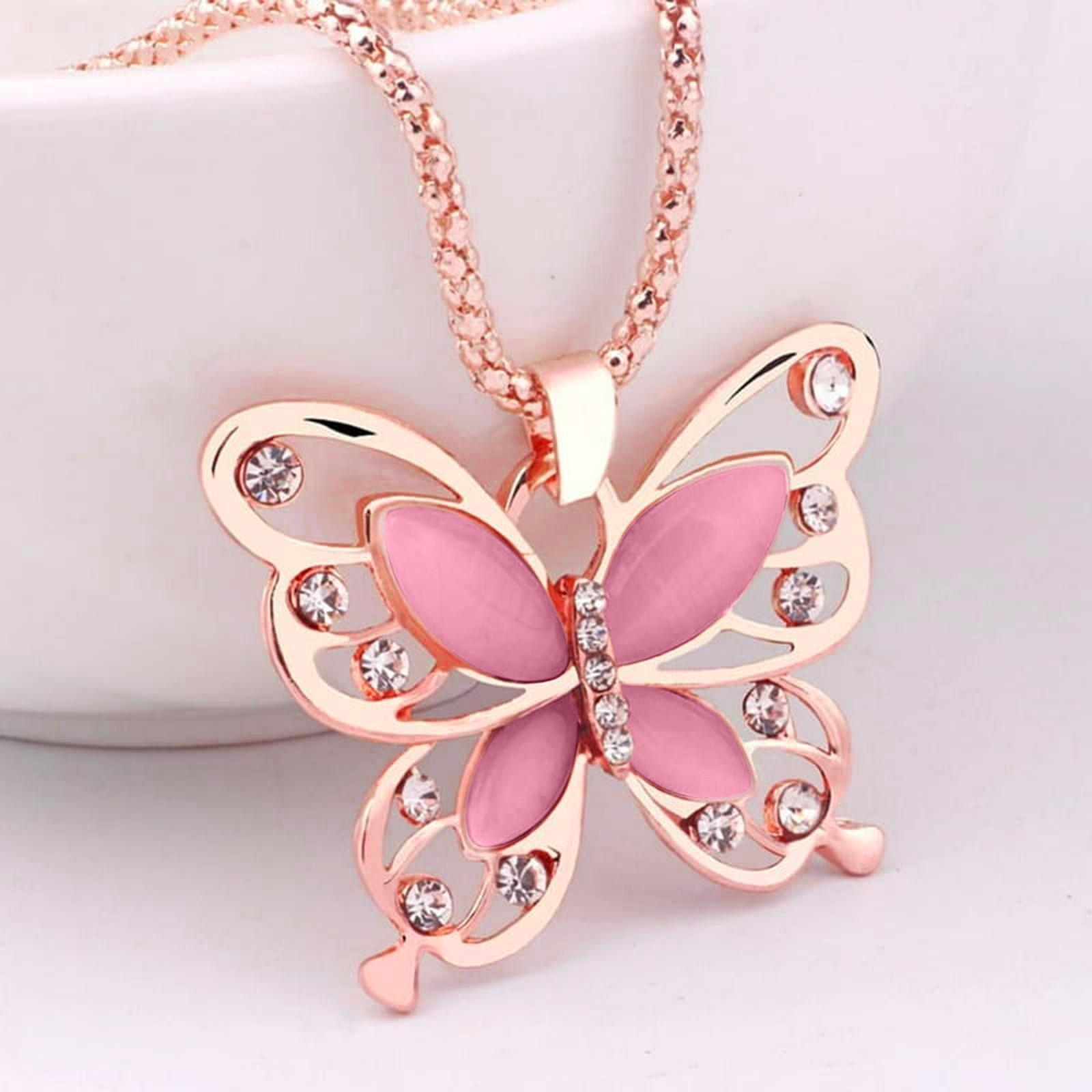 

Fashion Women Rose Gold Opal Butterfly Charm Pendant Long Chain Necklace Jewelry One Size розовый