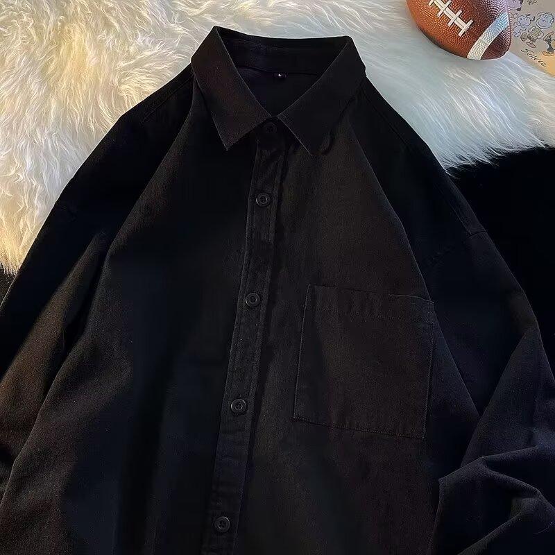 Camisa de manga comprida de cor sólida casual Ins camisa solta masculina tendência de verão jaqueta casual versátil