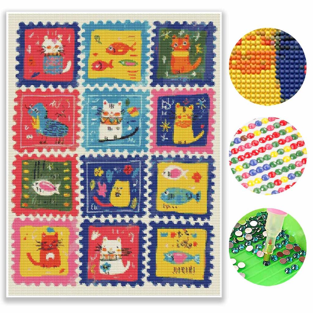 Diamond Painting Kit Full Diamond Round Mosaic Cute Cats Fish Aquarium Postage Stamp Colorful Cartoon Whimsical Home Decor Gift