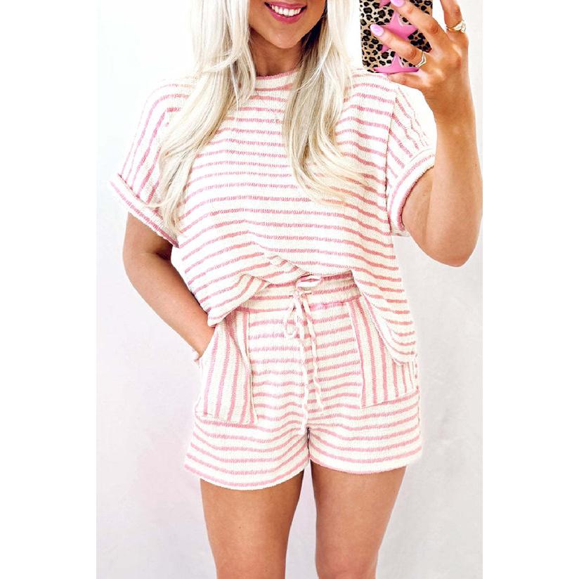 2026 Summer New Women s Round Neck Pullover Short Sleeve Top Drawstring Shorts Striped Set S розовый