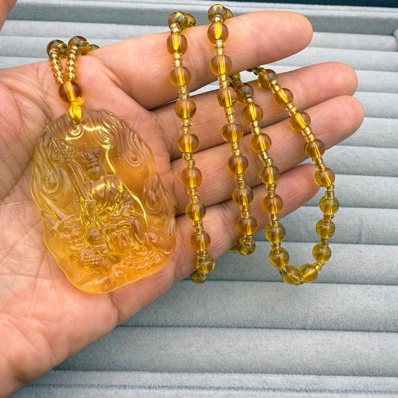 Lace Jizo Bodhisattva Birth Year Guardian Pendant Necklace for Men & Women, Yellow Water Zodiac Design.