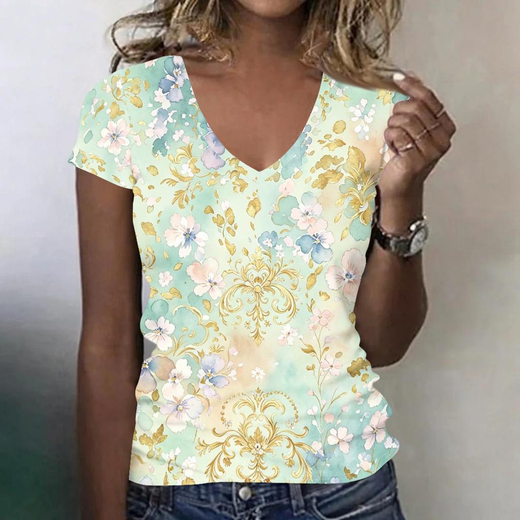 Women’s Casual V Neck Short Sleeve T Shirt with Floral Print Relaxed Fit Lightweight Top for Everyday Wear