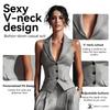 Women Two Piece Vest Pants Suit V Neck Sleeveless Button Waistcoat High Waist Pleated Wide Leg Trousers Business Office Outfit