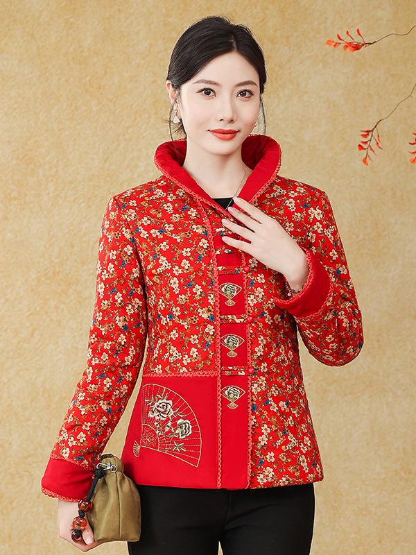 Mom's Ethnic Style Stand Collar Tang Suit: Autumn/Winter Slim Fit Cotton Jacket for Middle-Aged & Elderly Women