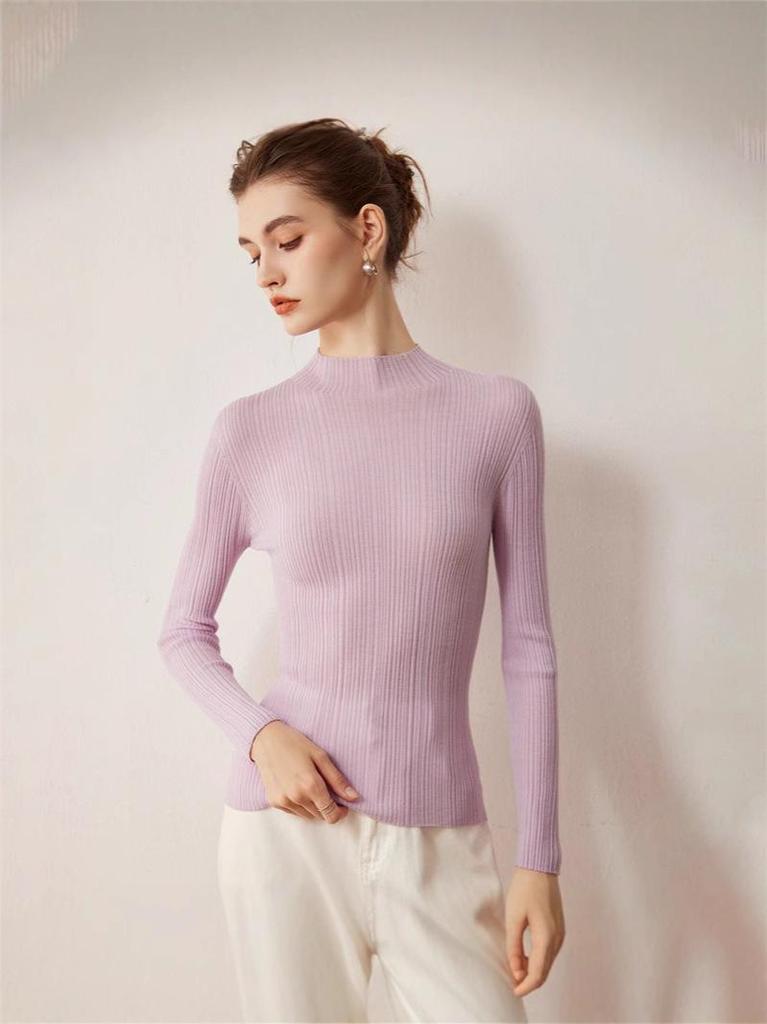 2025 Autumn Women's Slim Fit Korean Style Pleated Half-High Neck Wool Sweater