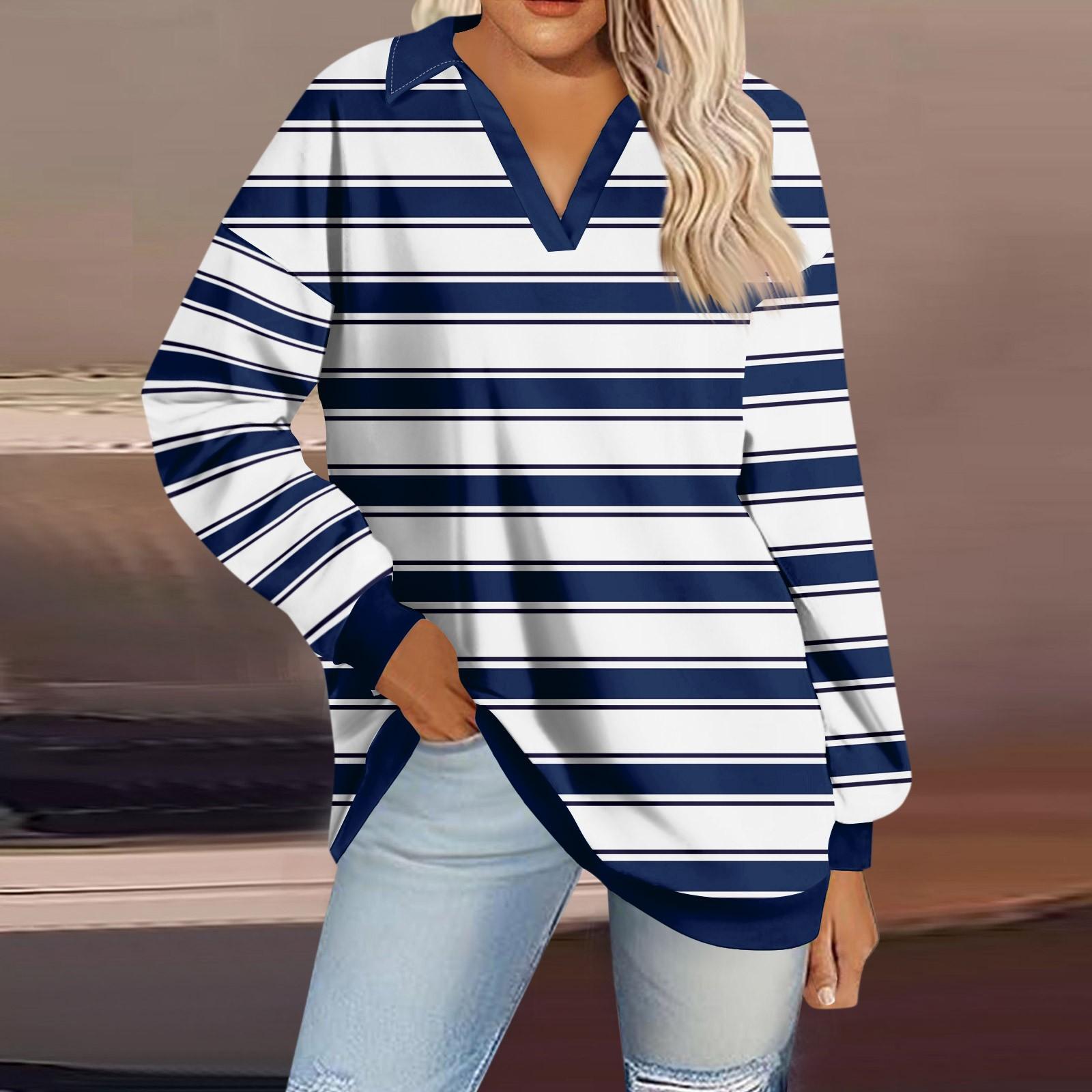 

Женская мода полосатый принт V-образный вырез длинный рукав свободный пуловер свитшот топ L темно-синий
