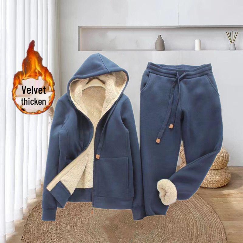 Plus Size Women's Fleece Lined Hooded Jacket & Sportswear Set - Autumn/Winter Korean Style