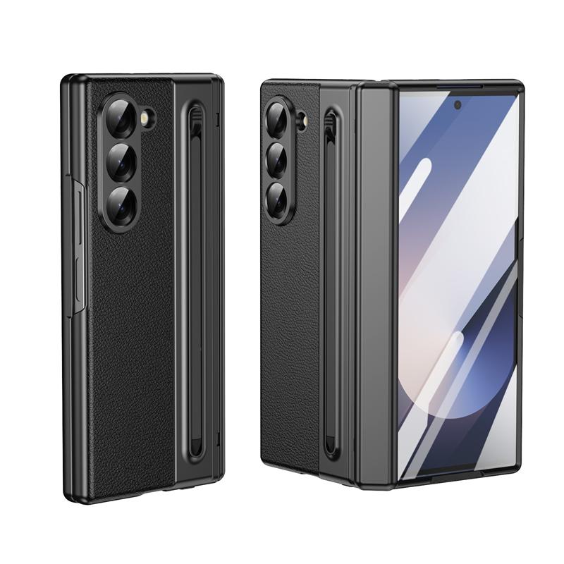Luxury Leather Hinge Phone Case for Samsung Galaxy Z Fold 7 6 5 4 3 Screen Glass S Pen Slot Shockproof Cover for Galaxy Z Fold 6