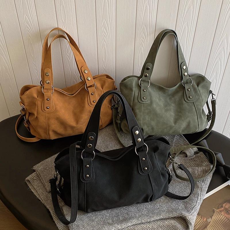 Retro Brown Nubuck Leather Messenger Bag For Women Big Travel Handbag Female Casual Simple Designer Shoulder Bag Sac A Main