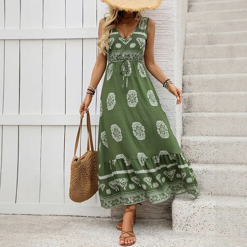 Amazon Cross-Border New Holiday Style Print Dress Green Ethnic Style Casual V-neck High Waist Long dress Women