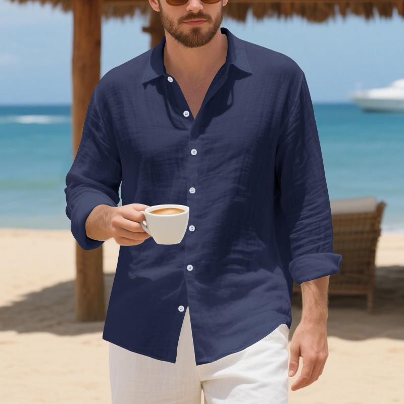 Abbigliamento Autunnale da Uomo per Uso Quotidiano Uomo Lino Americano Largo Hawaiano Casual Camicia a Bottoni Manica Lunga con Collo