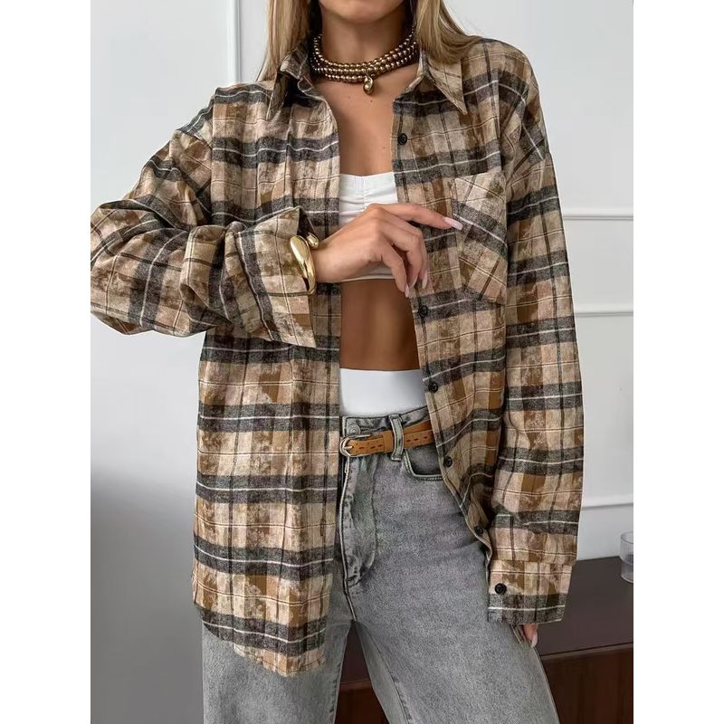 Fashion Long Sleeves Loose Plaid Shirt Autumn Pocket Gingham Shirt Loose Plaid Pocket Shirt