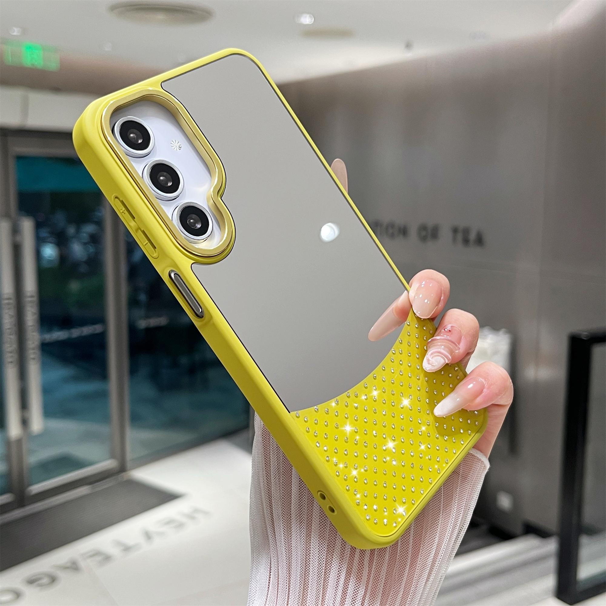 

For Samsung Galaxy S25+/S24+ Case Mirror Surface TPU+PC Shockproof Phone with Metal Lens Frame Yellowgreen