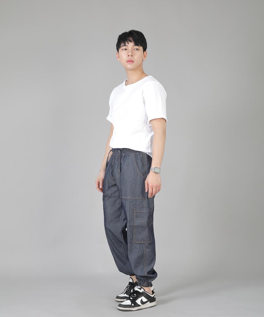 Seinteukeulu Two-Layer Wide Cargo Jogger Pants W2-308J Denim Light Indigo