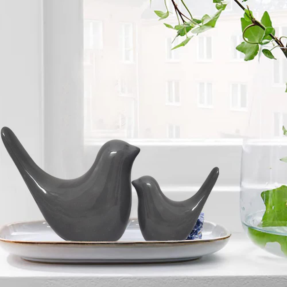 Creative Grey Glossy Ceramic Birds Figurines Home Decorations Accessories Party (Pack of 2, Grey)
