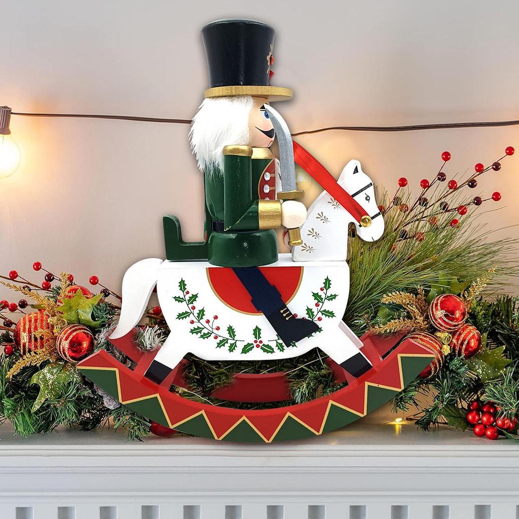 Traditional Wooden Nutcracker Ornament Christmas Decor Walnut Clip Decoration Wooden Rocking Horse Holiday Scene Layout Home