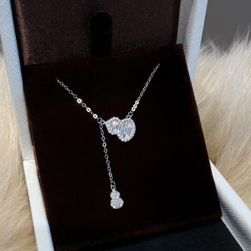 925 Silver Gourd Tassel Pendant Necklace Women Fashion Rhinestone Chain Autumn Winter