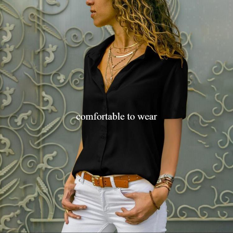 Plus Size Women Short Sleeve Solid Color Button Up Chiffon Blouse Turn Down Collar Summer Tops