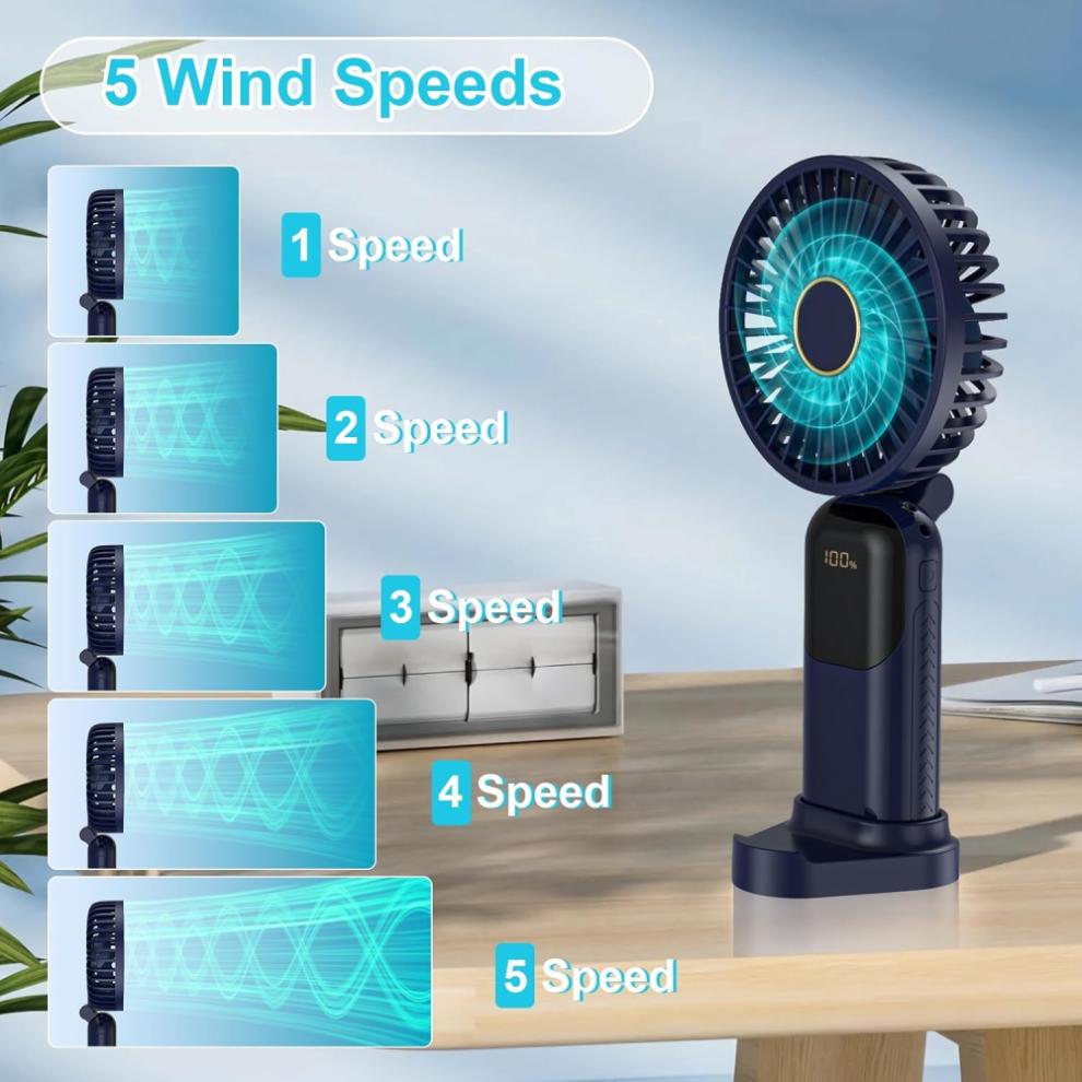 Portable Handheld Fan, USB Rechargeable Personal Cooling Device with 5-Speed Wind Settings, Silent Mode Fast Airflow Technology, Foldable Fan with Int