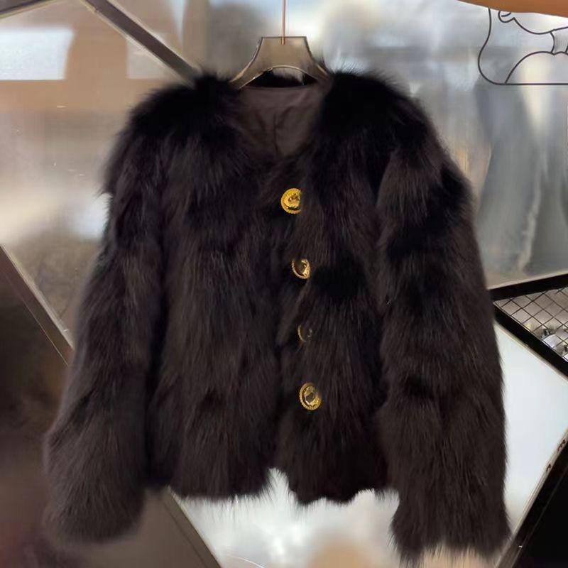 2026 Women Winter Fashion New Faux Fox Fur Coat Metal Button Thickened Warm Tops