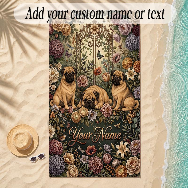 Pug Theme Soft Beach Towel Personalized Custom Name Text Towel Portable for Beach Pool Travel