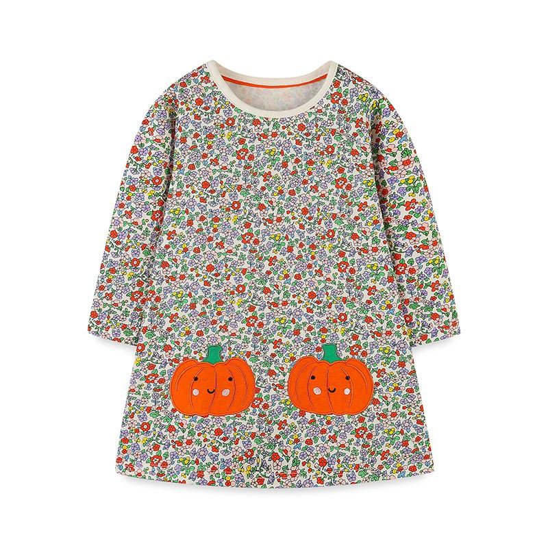 Girls Long Sleeve Floral Dress Pumpkin Embroidery Princess Style 4-8 Years Old Kids