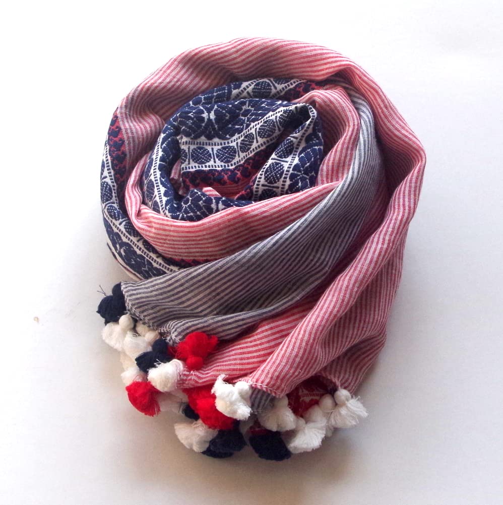 All Over the Pompom Cotton X [.a World] Stole, 100% Cotton, Large, Embroidered, Spring/Summer, Scarf, Women's (Blue Navy)