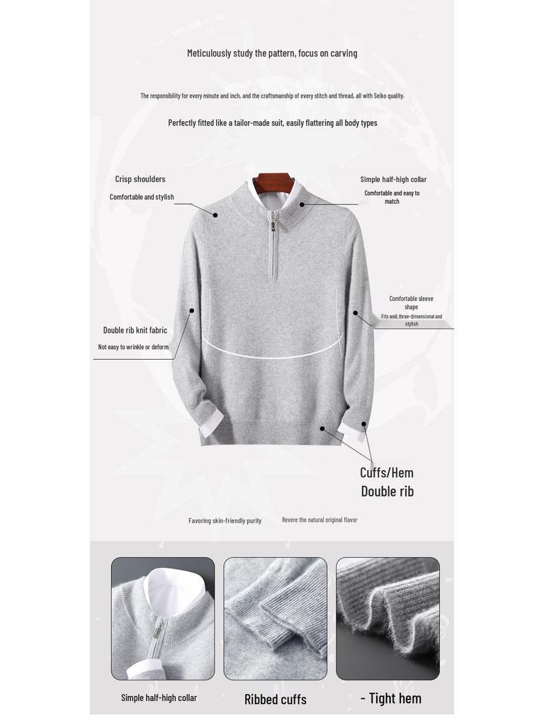 Men's 12-Gauge Zipper Sweater with Half-High Collar - Versatile Knitwear for Autumn/Winter Commute