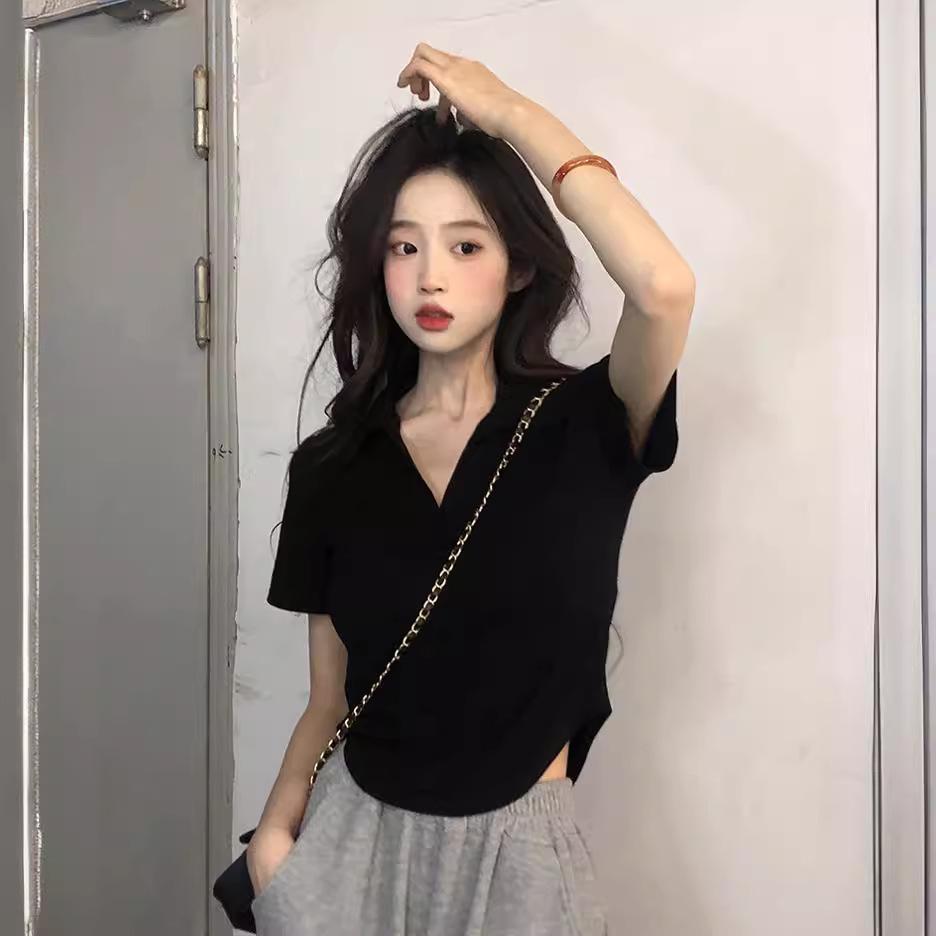 Women's Summer Slim Fit Korean-Style Polo T-Shirt with Ice Silk and Irregular Hem