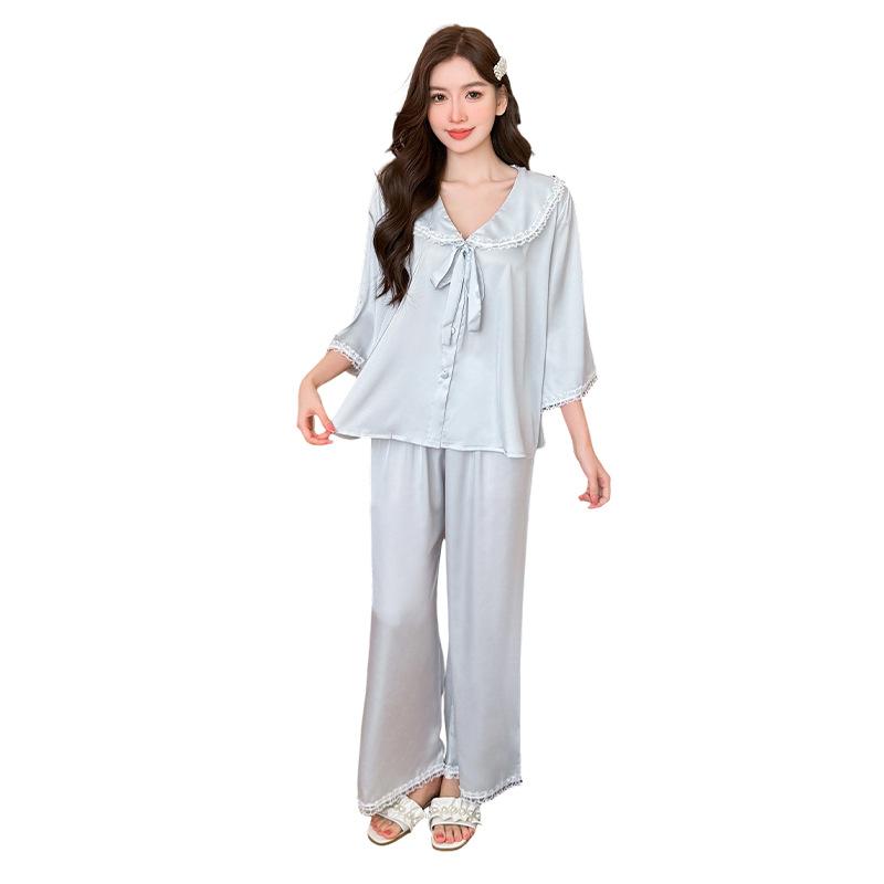 French lace lace cool ice and snow silk loose pajamas women, spring and autumn princess style bow skin-friendly loungewear