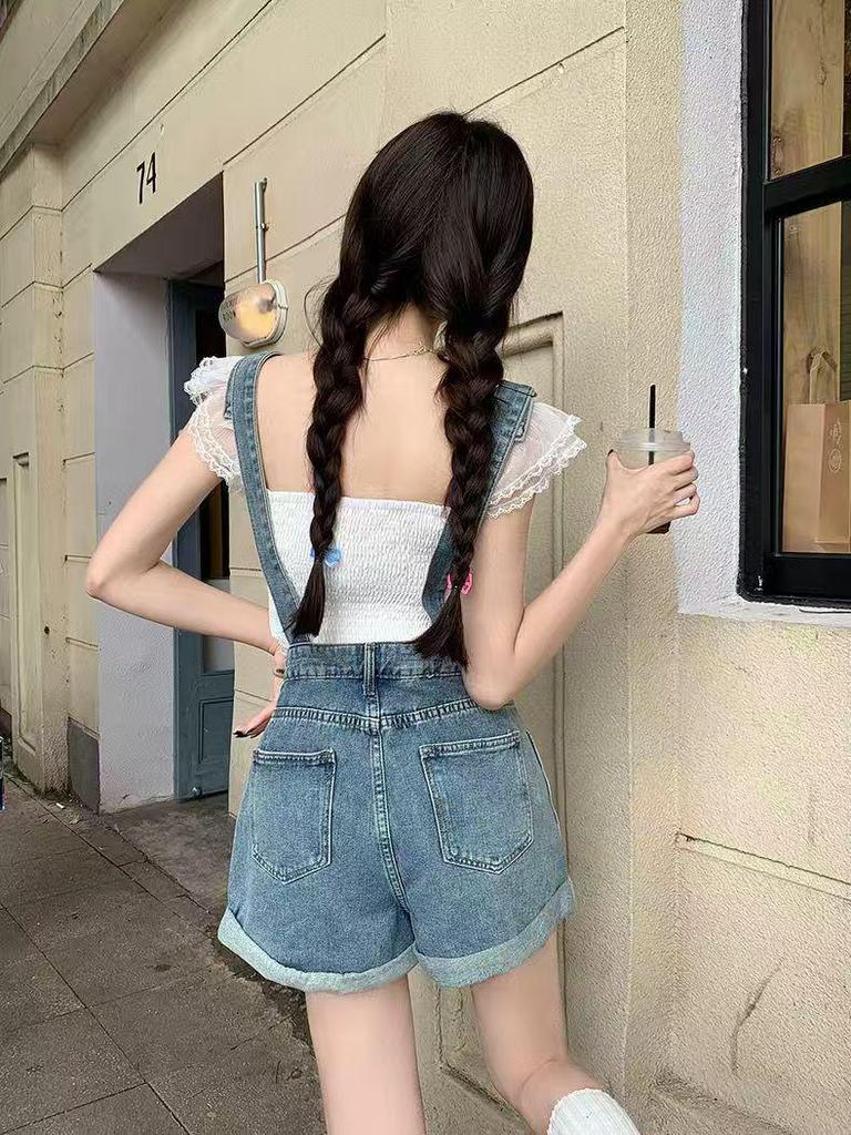 Retro Ruffled High-Waist Denim Overalls for Women - Summer Slimming Jumpsuit Shorts, American Style