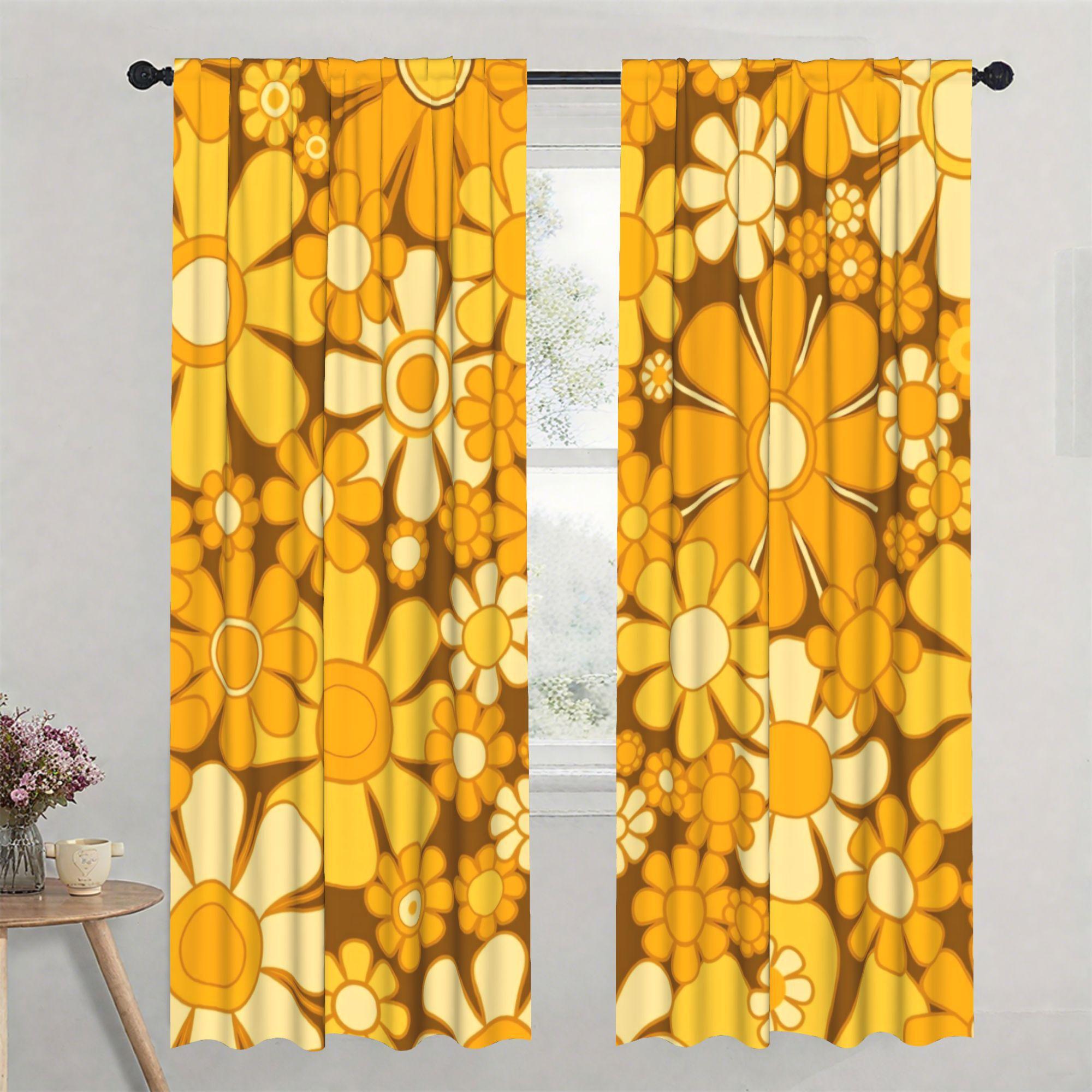 2Pc Boho Yellow Floral Sunflower Print Curta Living Room Curta Yellow Mustard Tropical Pattern Drapes Window Curta Home 53x116cm 2pc21x46in