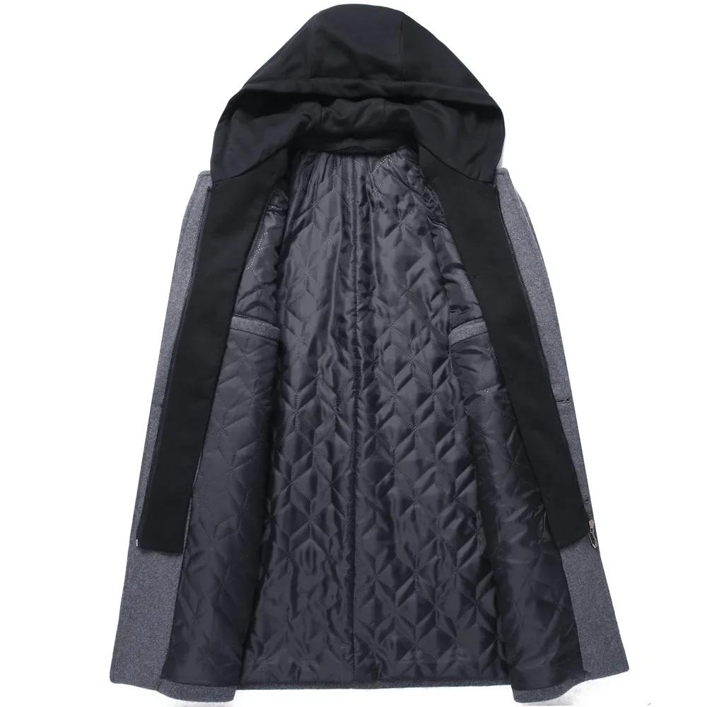 Autumn Winter Men Hooded Wool Jacket Autumn Mens Long Windproof Wool Coat Casual Thick Slim Jacket Male Size