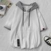 Bluza z kapturem w japońskim stylu, luźny krój, krótki rękaw, z kieszenią z przodu