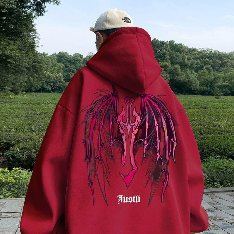 

Мужская весенне-осенняя легкая волшебная толстовка с принтом «Крылья дьявола» в американском стиле ретро, ​​повседневная простая модная толстовка для мужчин 2XL вино красного