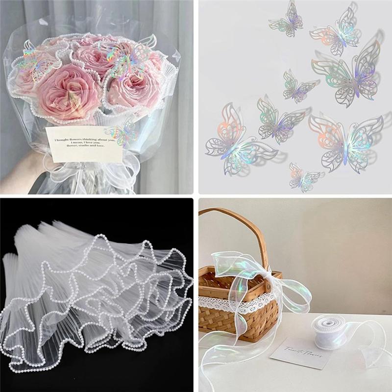 

A34R White Flower Wrapping Paper Kit 4.37 Yards Pearl Lace Mesh For Bouquets, Wave Tulle With Ribbons And 3D Butterflies білий