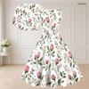 Women Plus Size White Floral Printed Two Piece Set Square Neck Sleeveless Tie Waist Flared Dress Short Sleeve Cropped Shrug