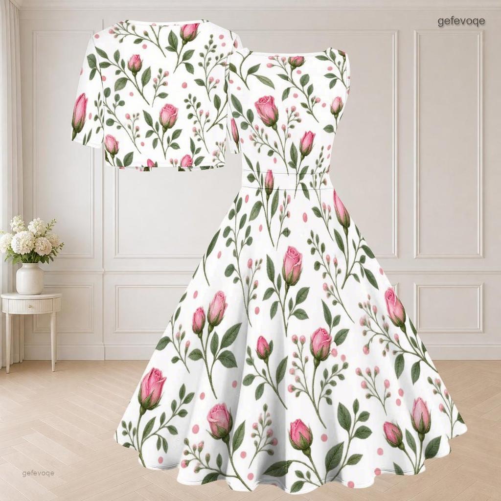Women Plus Size White Floral Printed Two Piece Set Square Neck Sleeveless Tie Waist Flared Dress Short Sleeve Cropped Shrug