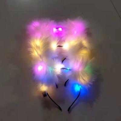 LED Headband with Bell 3-speed Flash Bowknot Design Light-up Plush Glowing Cat Ear Hair Hoop for Party