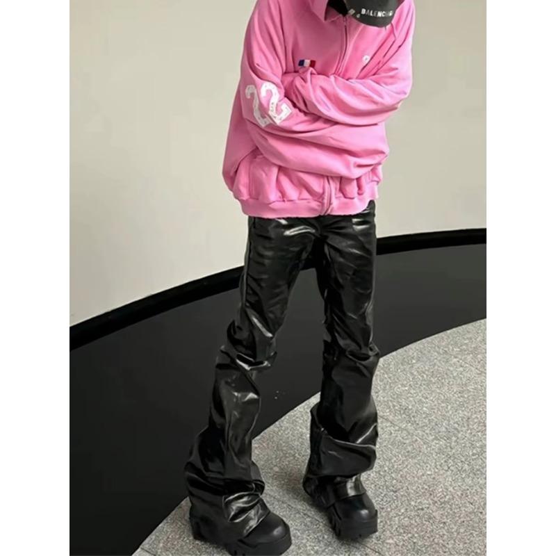 FlowStreet Coated Glossy Patent Leather Flared Jeans