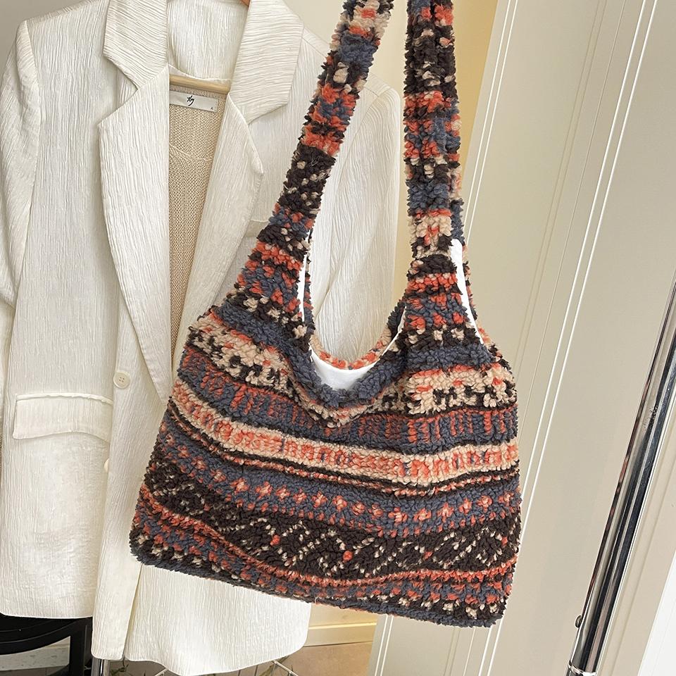 Vintage Handmade Bohemian Velvet Tote Bag Trendy Natural Material Crochet Shoulder Bags Hobo Bags Spacious chic for Daily