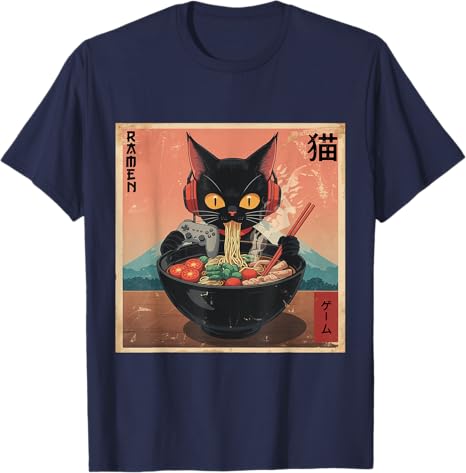 Cute Kawaii Gamer Cat Funny RaUnisex Retro Japanese Cat Gaming TShirt Y2k Kitty Controller Cartoon Graphic Tees Kitten Eat Noodles