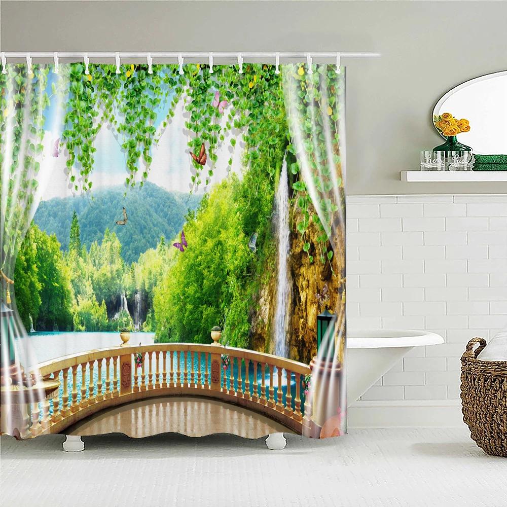 3D Waterproof Fabric Polyester Shower Curtains landscape Outside the Window Bathroom Curtains With Hooks Bathtub Decor Screen