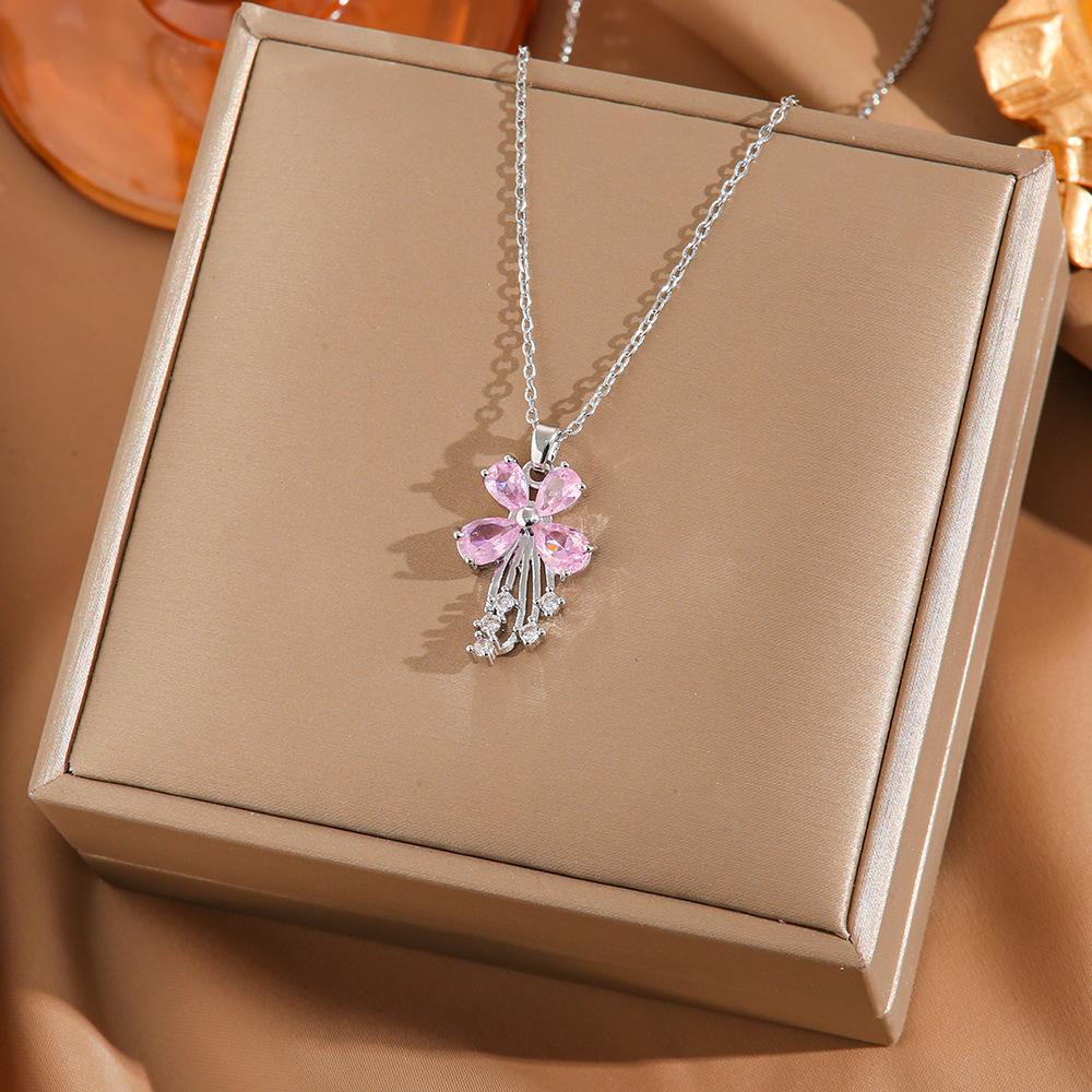 [Micro-Set Pink Zircon Titanium Steel Necklace Sweet Light Luxury Fashion Choker Jewelry]