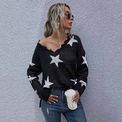 Sweter damski z dzianiny w stylu vintage, elegancki, swobodny, jesienny, z długim rękawem i dekoltem w serek, z głębokim dekoltem