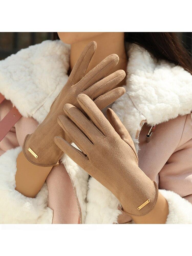 Nové zimní polstrované teplé rukavice Roztomilé jednobarevné semišové Lze ovládat dotykovou obrazovku Rukavice na jízdu na koni a lyžování Pro ženy