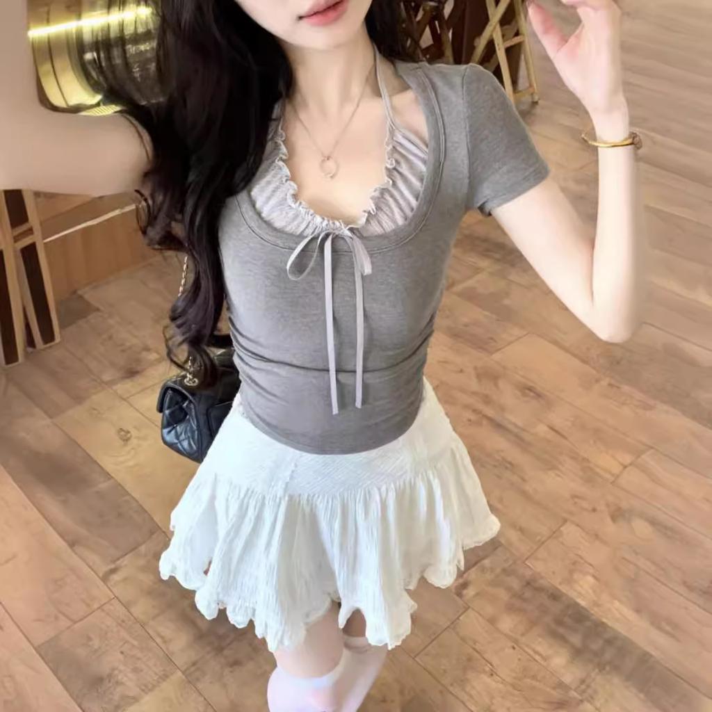 French pure desire neck fake two pieces of fungus edge short-sleeved T-shirt women's slim inner with short irregular front shoulder top