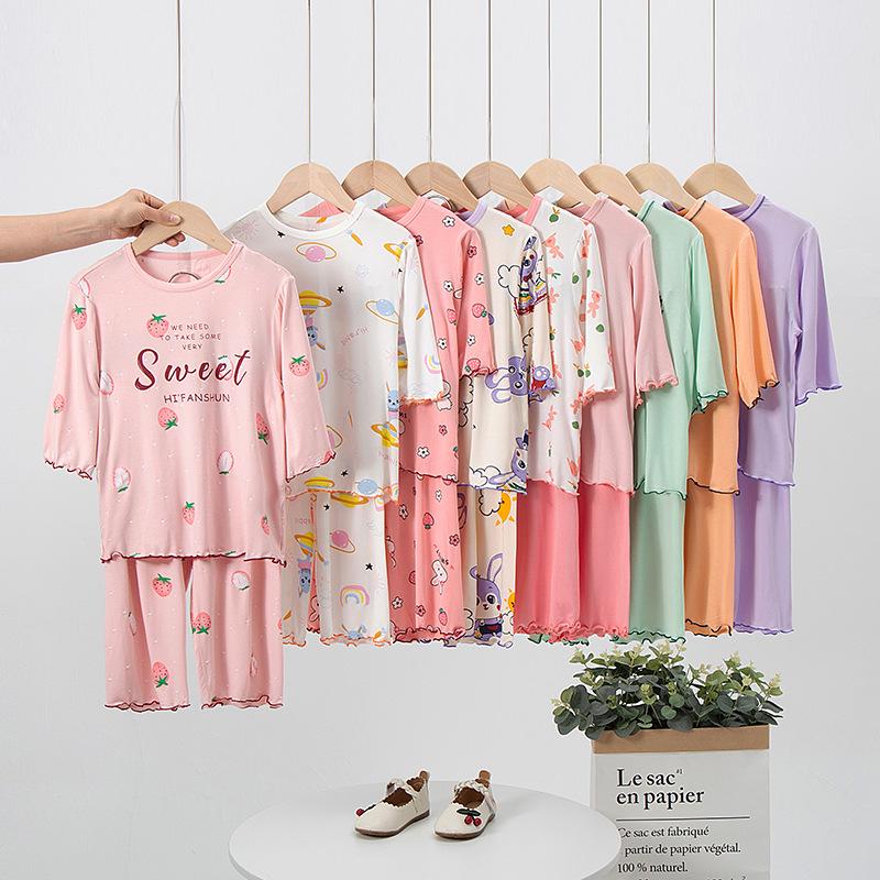 Girls' Modal Summer Pajama Set: Lightweight, Seven-Sleeve Baby Lounge Wear for Air Conditioning.